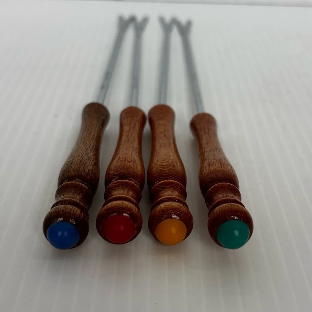 Set of 4 Vintage Stainless Steel Wood Handled Color Coded Fondue Forks Japan